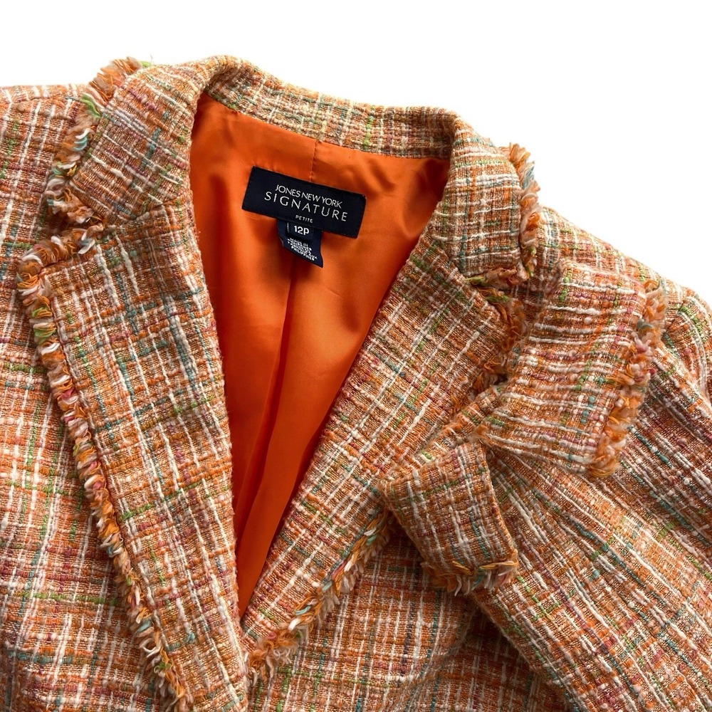 Jones New York Signature Womens 12P Orange Multi Tweed Fringe Trim Blazer Jacket